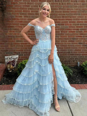 Glamorous Champagne Beaded Tiered Ruffle Corset Prom Dress with Slit