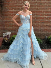 Glamorous Champagne Beaded Tiered Ruffle Corset Prom Dress with Slit