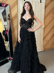 Glamorous Champagne Beaded Tiered Ruffle Corset Prom Dress with Slit