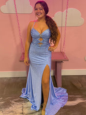 Glamorous Emerald Green Cutout Shimmer Prom Dress with Slit