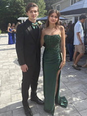 Glamorous Emerald Green Strapless Corset Slit Prom Dress Gown