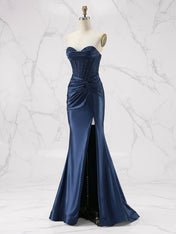 Glamorous Strapless Beaded Corset Satin Prom Dress with Slit