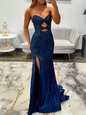 Glamorous Royal Blue Linear Beaded Cutout Prom Dress with Slit
