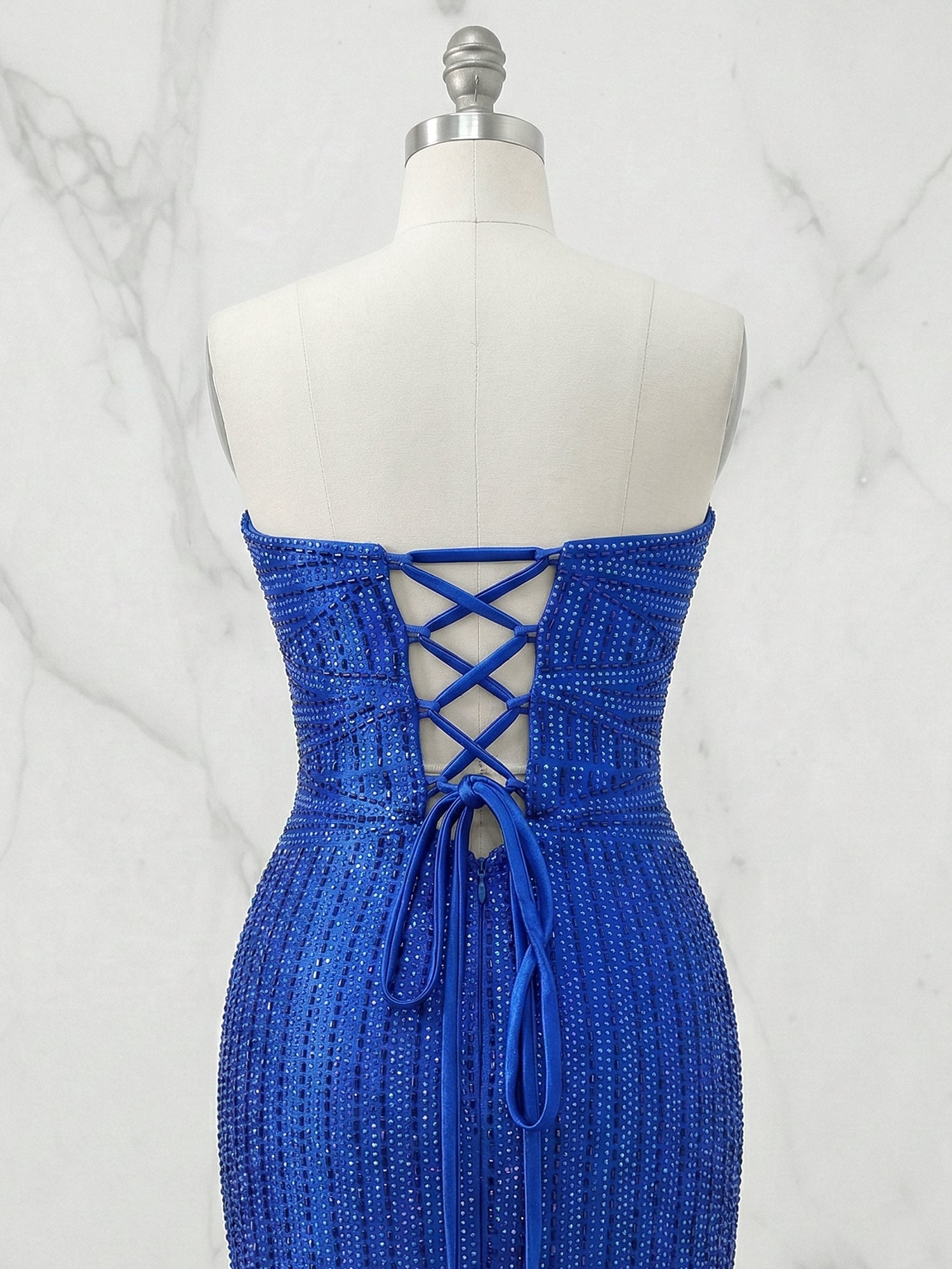 Glamorous Royal Blue Linear Beaded Cutout Prom Dresses with Slit