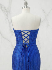 Glamorous Royal Blue Linear Beaded Cutout Prom Dresses with Slit