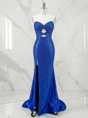 Glamorous Royal Blue Linear Beaded Cutout Prom Dresses with Slit