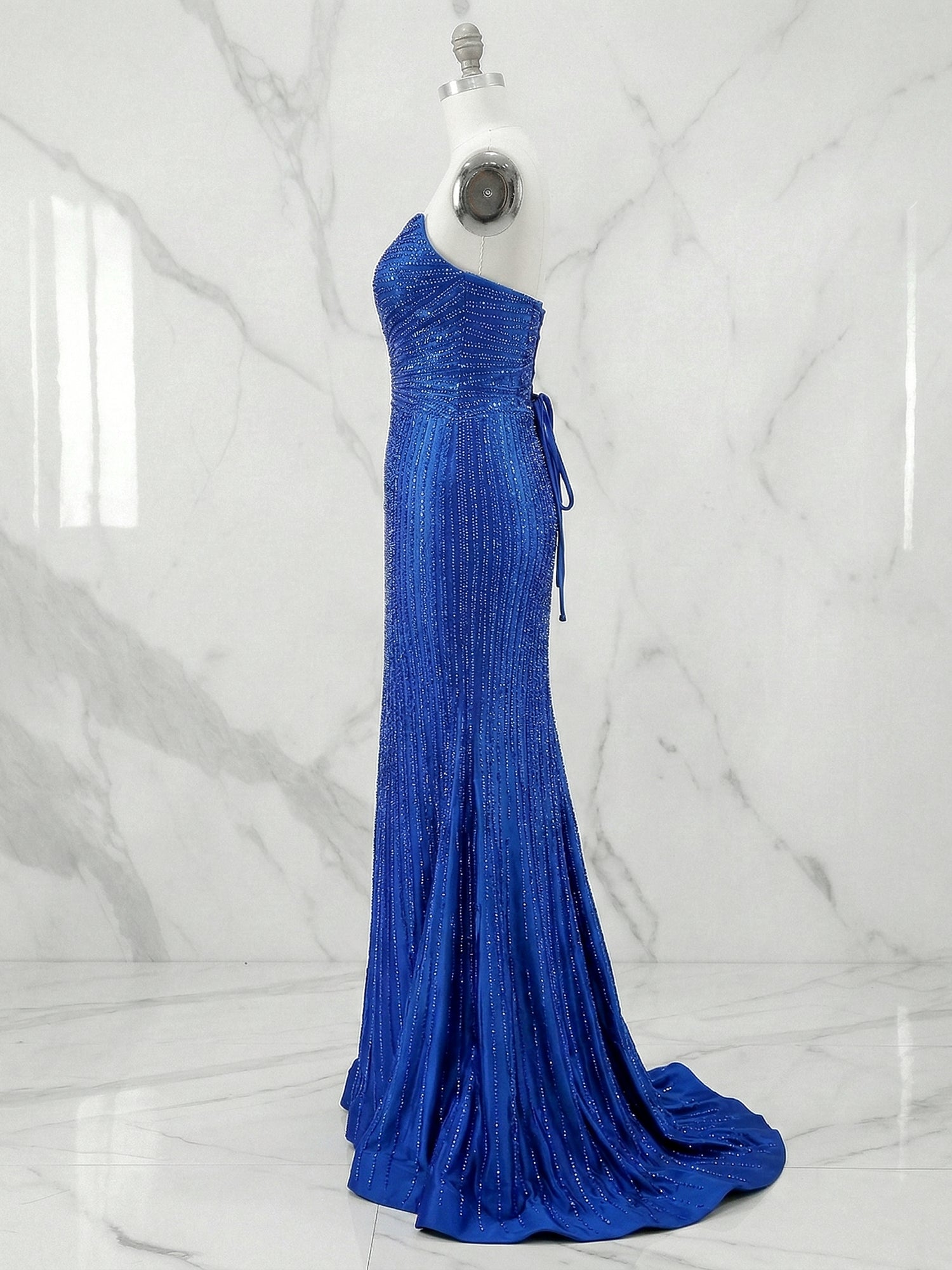 Glamorous Royal Blue Linear Beaded Cutout Prom Dresses with Slit