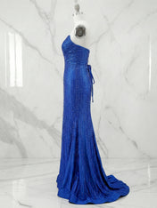 Glamorous Royal Blue Linear Beaded Cutout Prom Dresses with Slit