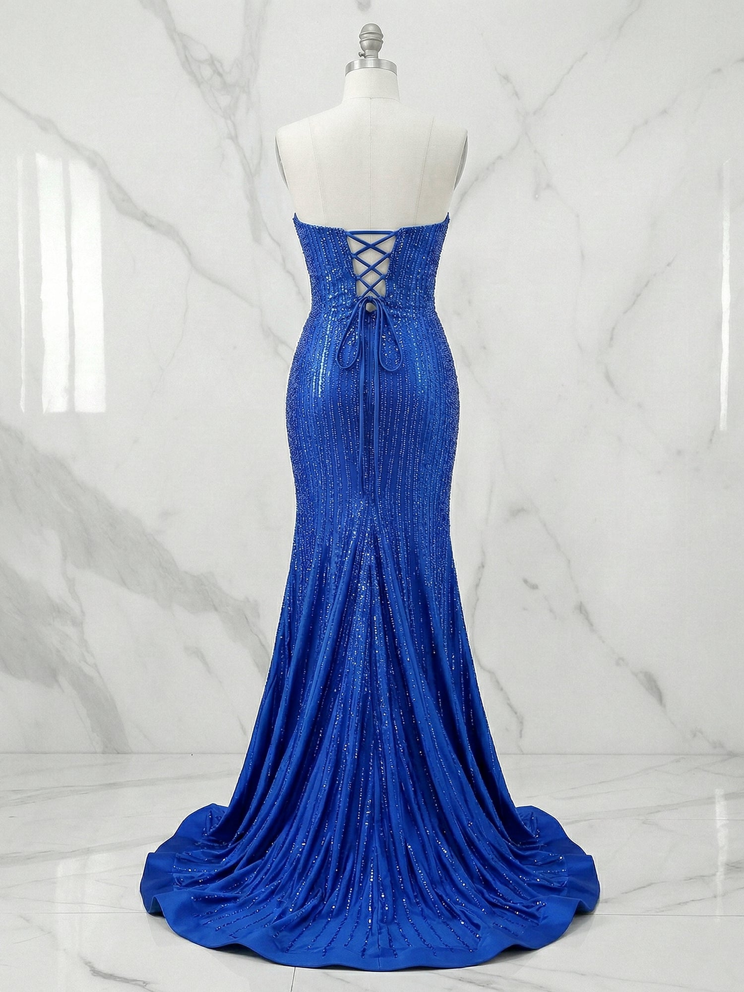 Glamorous Royal Blue Linear Beaded Cutout Prom Dresses with Slit