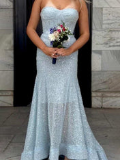 Glitter Blue Mermaid Strapless Sweetheart Long Prom Dress