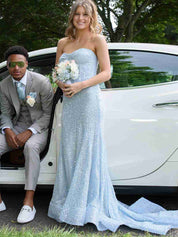 Glitter Blue Mermaid Strapless Sweetheart Long Prom Dress