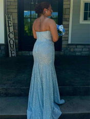 Glitter Blue Mermaid Strapless Sweetheart Long Prom Dress
