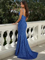 Glitter Bodycon Spaghetti Straps Sweetheart Long Prom Dress with Slit