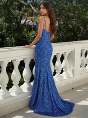 Glitter Bodycon Spaghetti Straps Sweetheart Long Prom Dress with Slit