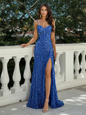 Glitter Bodycon Spaghetti Straps Sweetheart Long Prom Dress with Slit