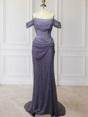 Glitter Lavender Off The Shoulder Shimmer Ruched Prom Dress with Slit