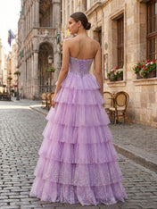 Glitter Lavender Strapless Beaded Corset Tiered Prom Dress