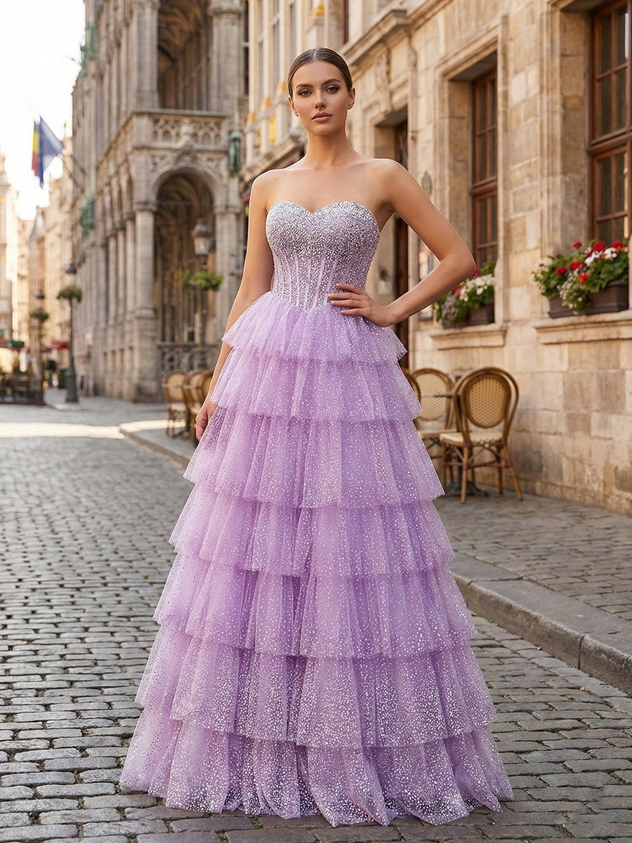 Glitter Lavender Strapless Beaded Corset Tiered Prom Dress