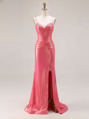 Glitter Mermaid Pleated Corset Long Prom Dress with Slit