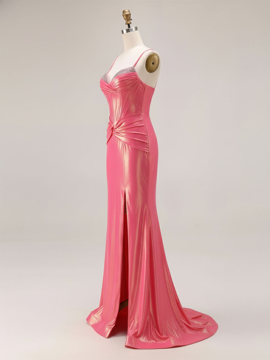 Glitter Mermaid Pleated Corset Long Prom Dress with Slit