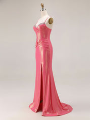Glitter Mermaid Pleated Corset Long Prom Dress with Slit