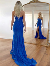 Glitter Mermaid Strapless Long Lace Prom Dress with Slit