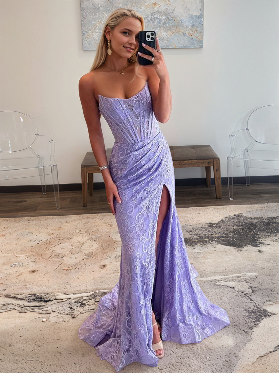 Glitter Mermaid Strapless Long Lace Prom Dress with Slit