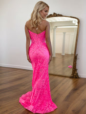 Glitter Mermaid Strapless Long Lace Prom Dress with Slit