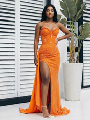 Glitter Orange Strapless Mermaid Sequined Long Prom Dress with Slit
