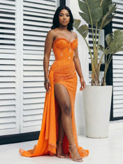 Glitter Orange Strapless Mermaid Sequined Long Prom Dress with Slit