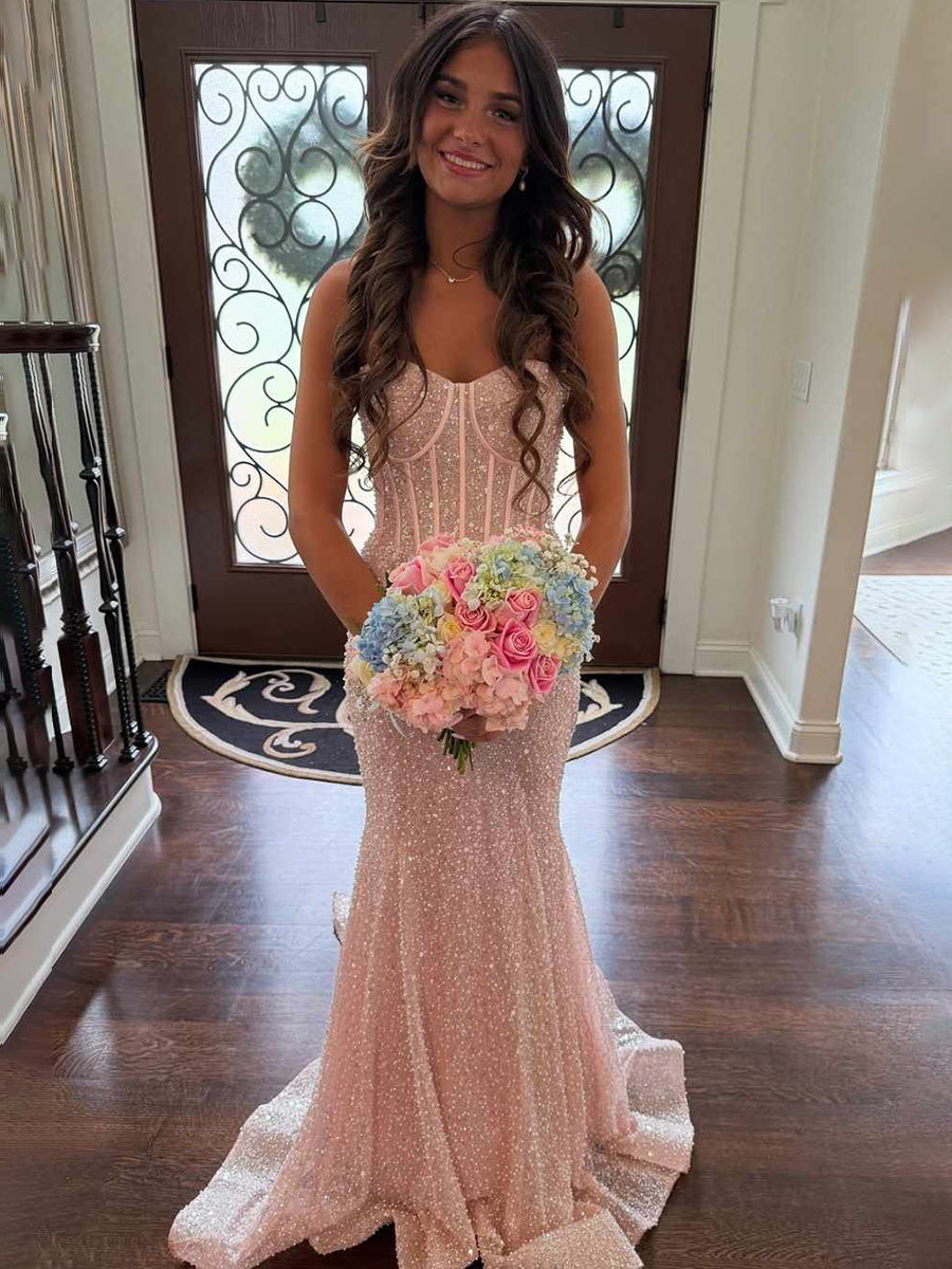 Glitter Pink Mermaid Strapless Sweethear Long Prom Dress with Train