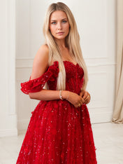 Glitter Red A-Line Corset Bodice Ruffled Tulle Prom Dress