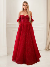 Glitter Red A-Line Corset Bodice Ruffled Tulle Prom Dress