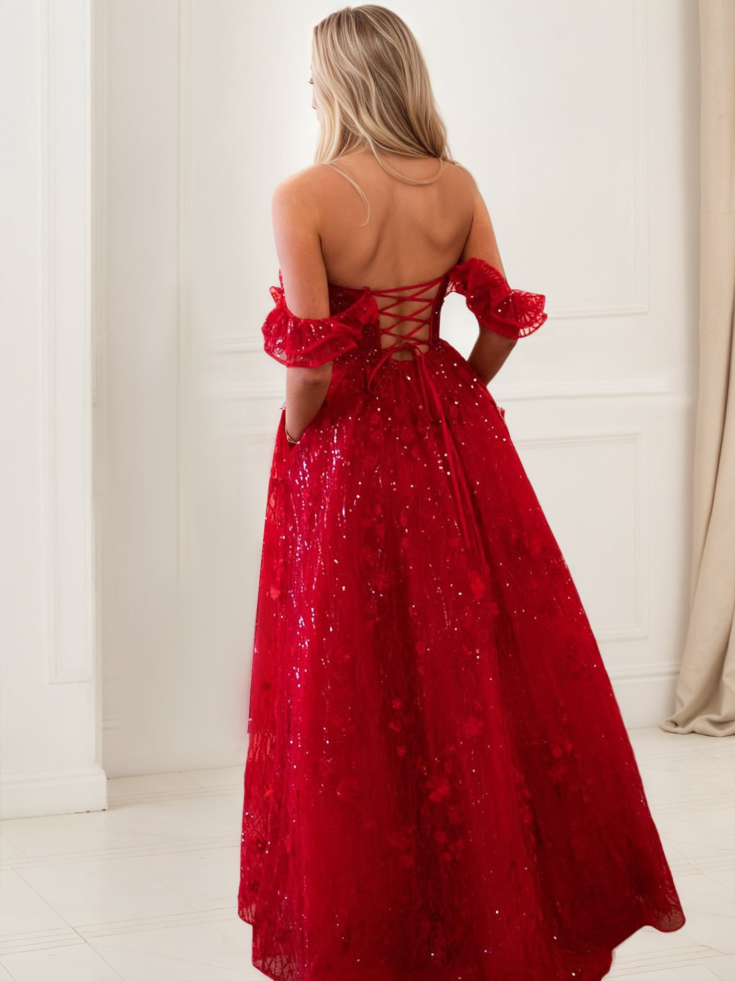 Glitter Red A-Line Corset Bodice Ruffled Tulle Prom Dress