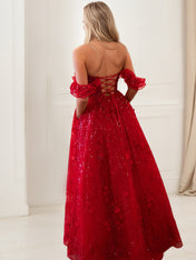Glitter Red A-Line Corset Bodice Ruffled Tulle Prom Dress