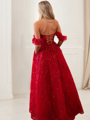 Glitter Red A-Line Corset Bodice Ruffled Tulle Prom Dress