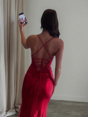 Glitter Red Ruched Satin Long Prom Dress with Slit
