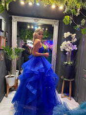 Glitter Royal BlueTiered Tulle Corset Long Prom Dress