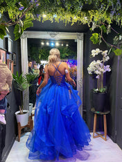 Glitter Royal BlueTiered Tulle Corset Long Prom Dress