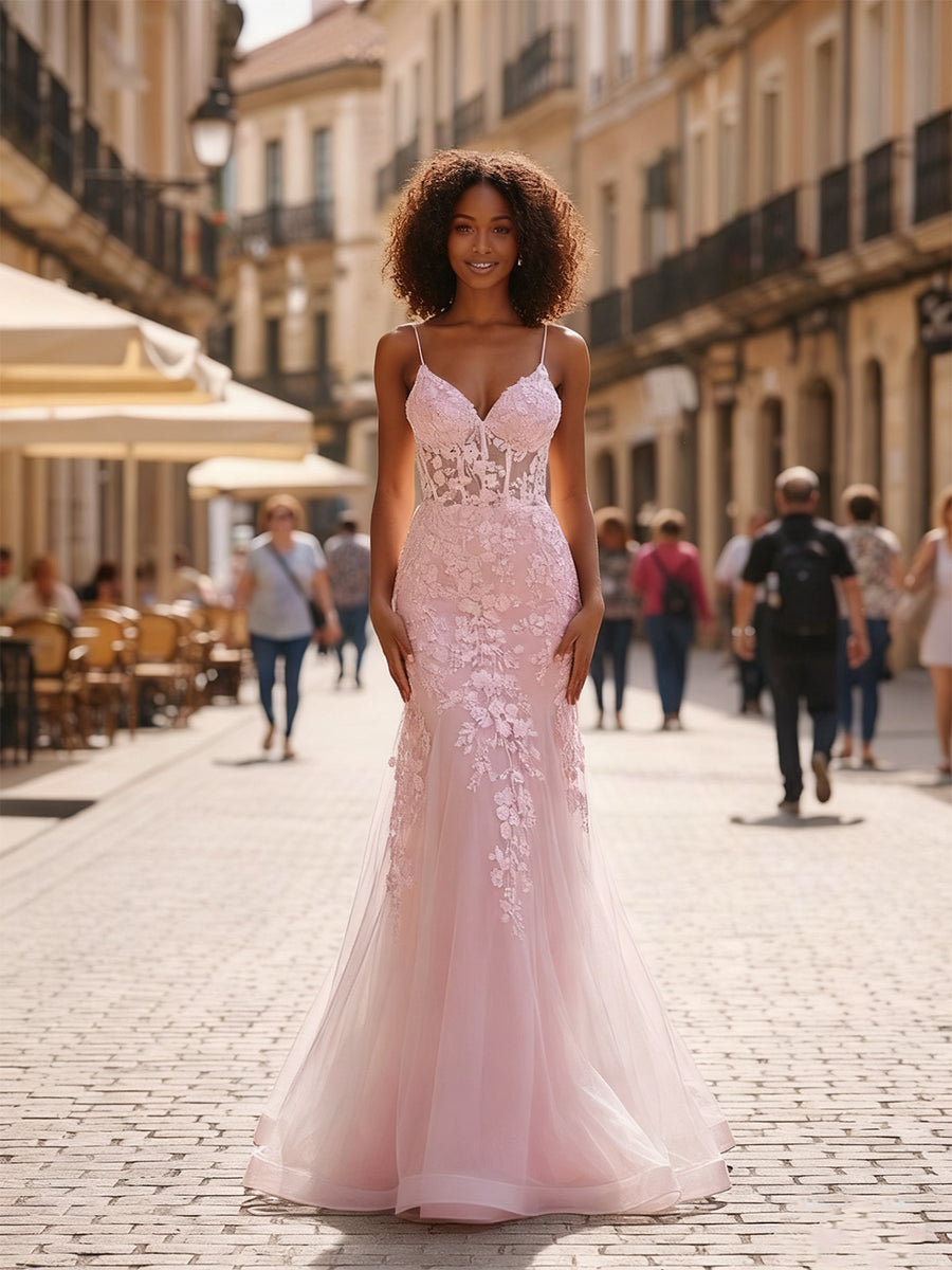 Glitter Sequins Mermaid V Neck Tulle Prom Dress with Appliqued