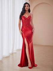 Glitter Sheer Beaded Corset Bodice Prom Dress with High Slit