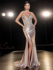 Glitter Sheer Beaded Corset Bodice Prom Dress with High Slit