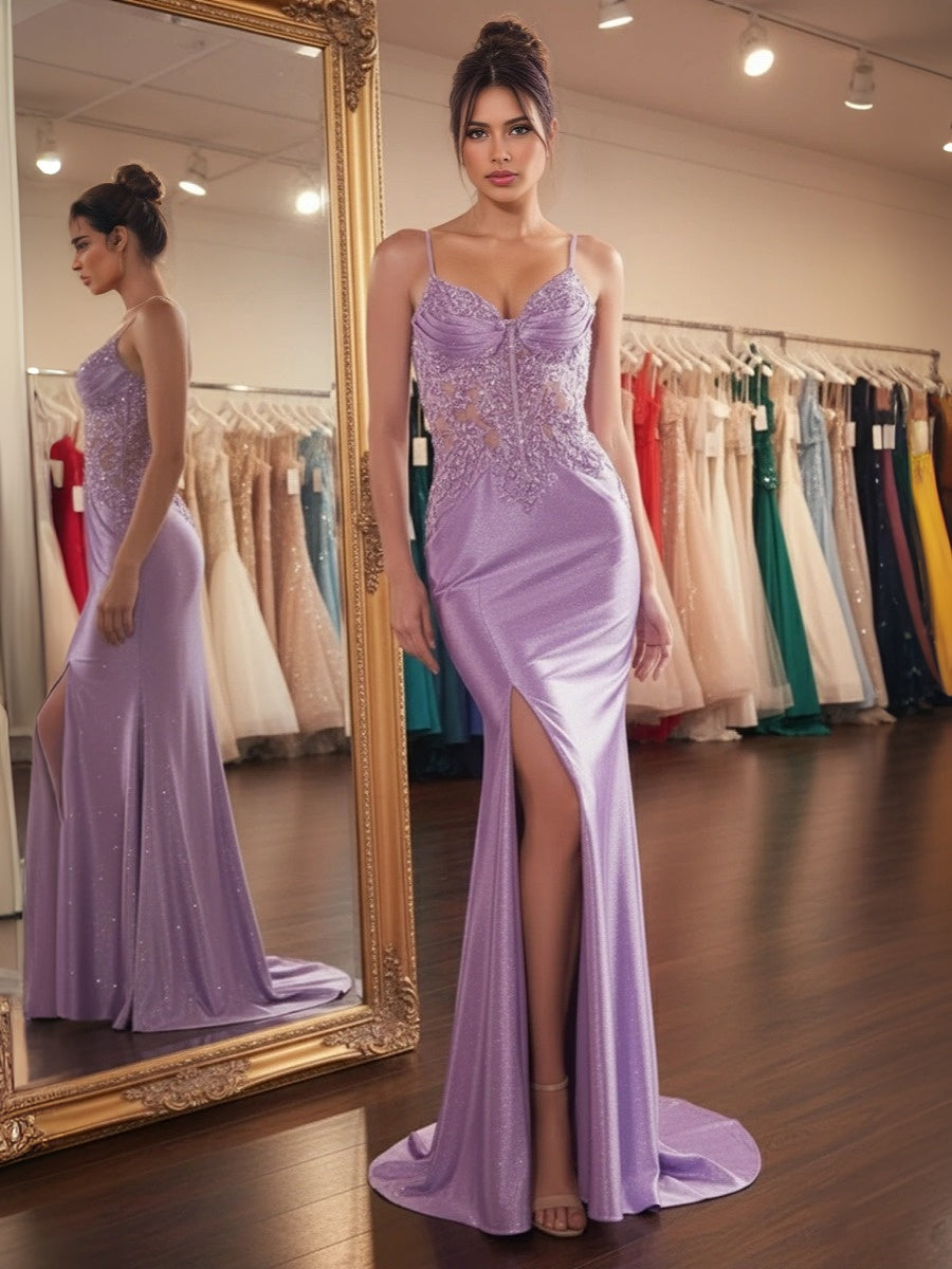 Glitter Sheer Beaded Corset Bodice Prom Dress with High Slit