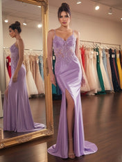 Glitter Sheer Beaded Corset Bodice Prom Dress with High Slit