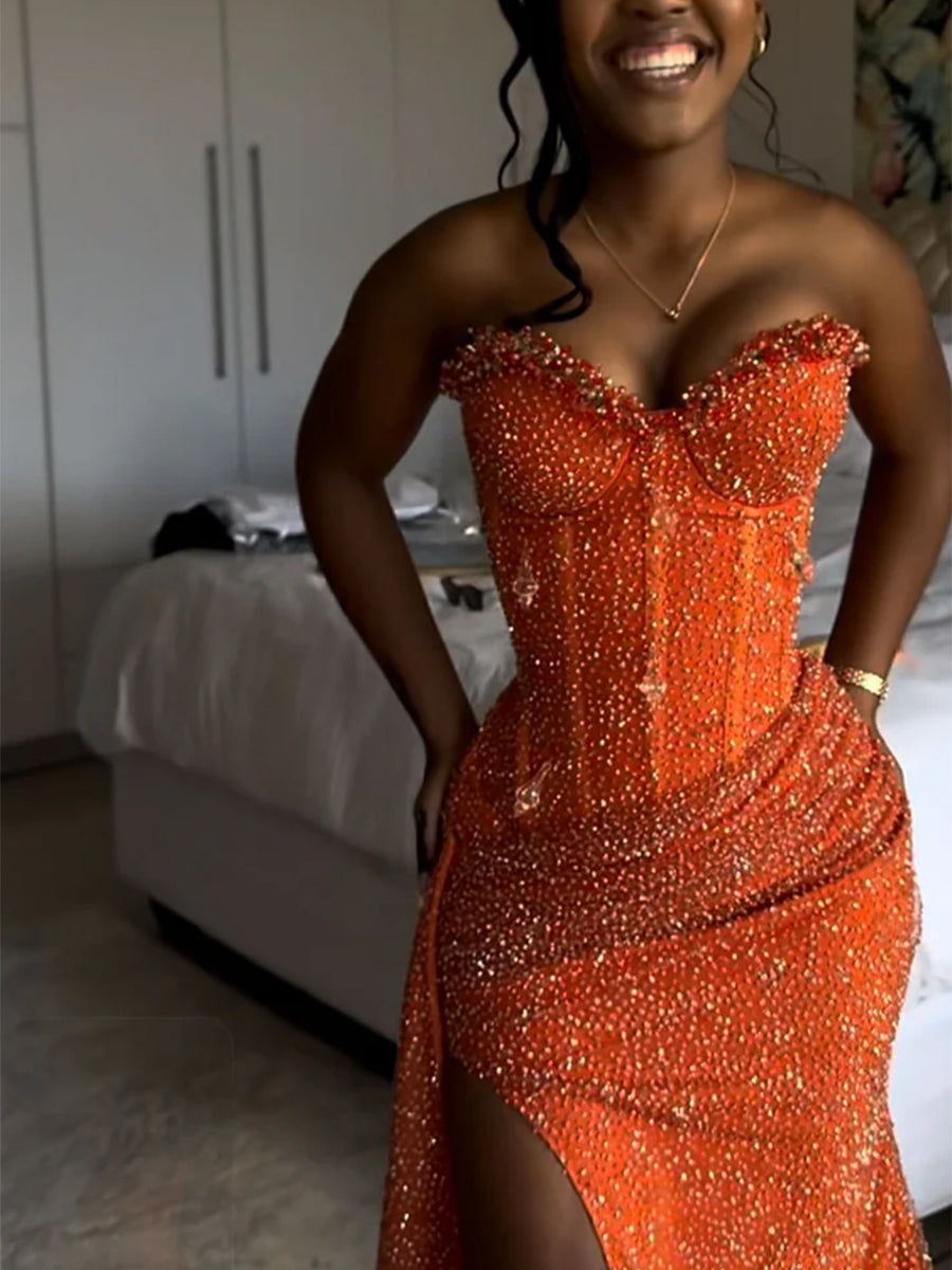 Glitter Strapless Mermaid Sequined Long Prom Dress with Slit