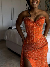 Glitter Strapless Mermaid Sequined Long Prom Dress with Slit