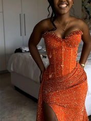 Glitter Strapless Mermaid Sequined Long Prom Dress with Slit