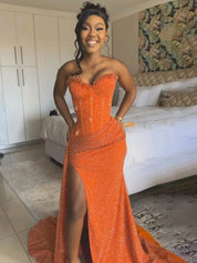 Glitter Strapless Mermaid Sequined Long Prom Dress with Slit