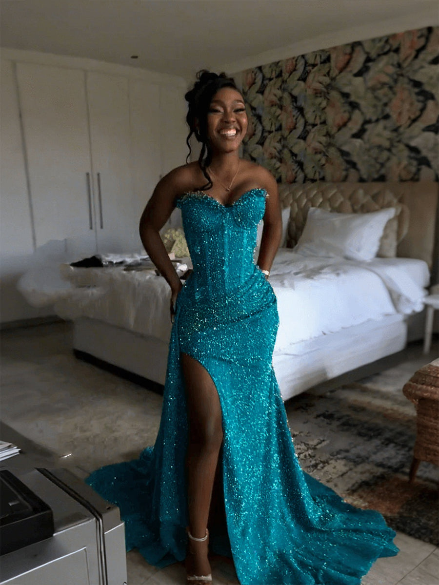Glitter Strapless Mermaid Sequined Long Prom Dress with Slit