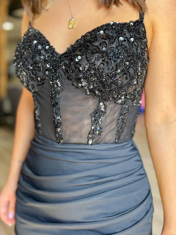 Dreamylily Women Glitter Black Corset Satin Asymmetrical Tight Short Homecoming Dress with Sequins Dreamylily Women Glitter Black Corset Satin Asymmetrical Tight Short Homecoming Dress with Sequins